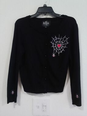 Black Button-Front Cardigan with Heart Spider Web Embroidery